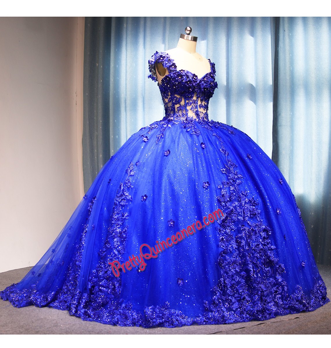 Royal Blue 3D Flower Corset Back Bush Train Quinceanera Dress for Sweet 16