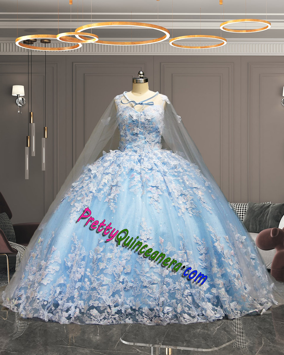 Discount 3D Butterfly Short Train Quinceanera Dress with Cape in Light Blue Color