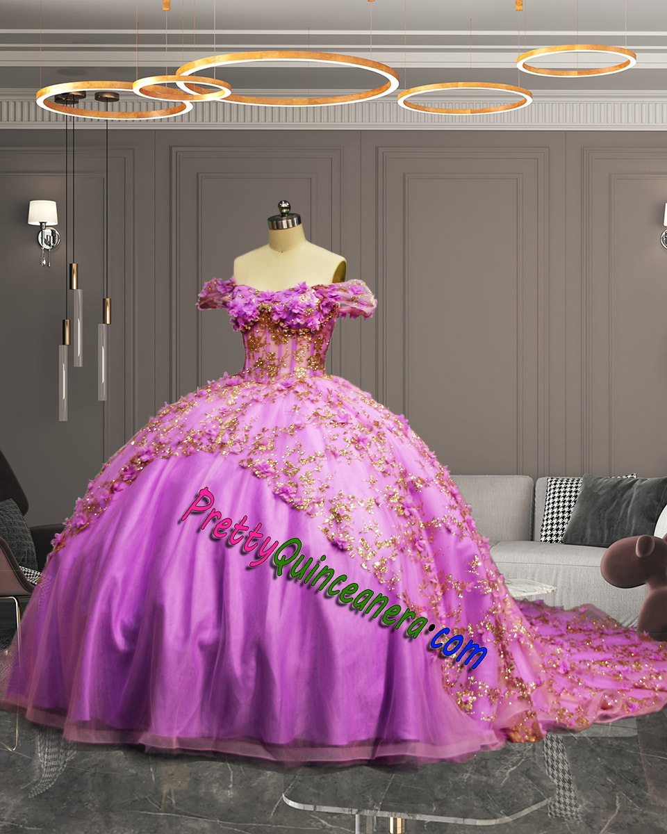Glamorous Bright Purple and Glitter Gold 3D Floral Quinceanera Dress with Bush Train