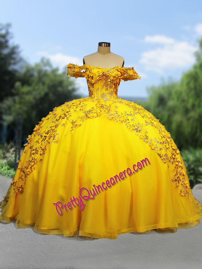 Gold Yellow Sparkly Horsehair Off Shoulder Floral Crystal Beads Quinceanera Dress