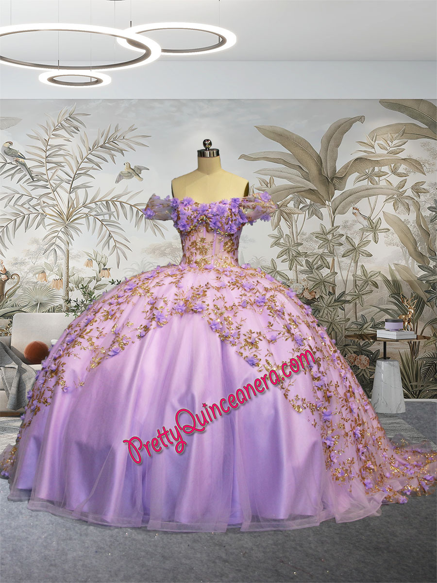 Lavender and Gold Glitter Tulle 3D Floral Off Shoulder Quinceanera Gown with Train