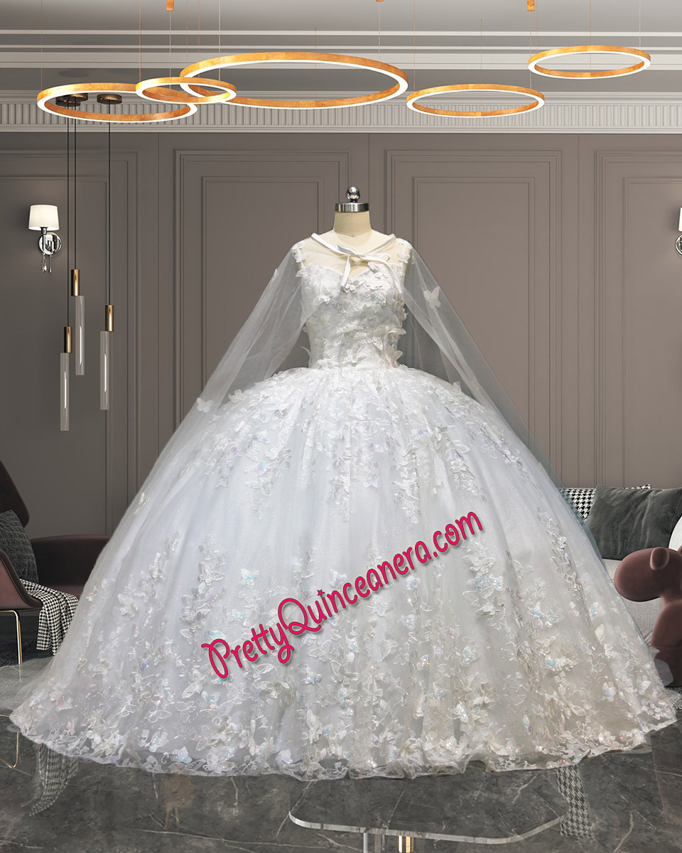 Low Cost Beautiful White Puffy Butterfly Straps Quinceanera Dress Ball Gown with Cape