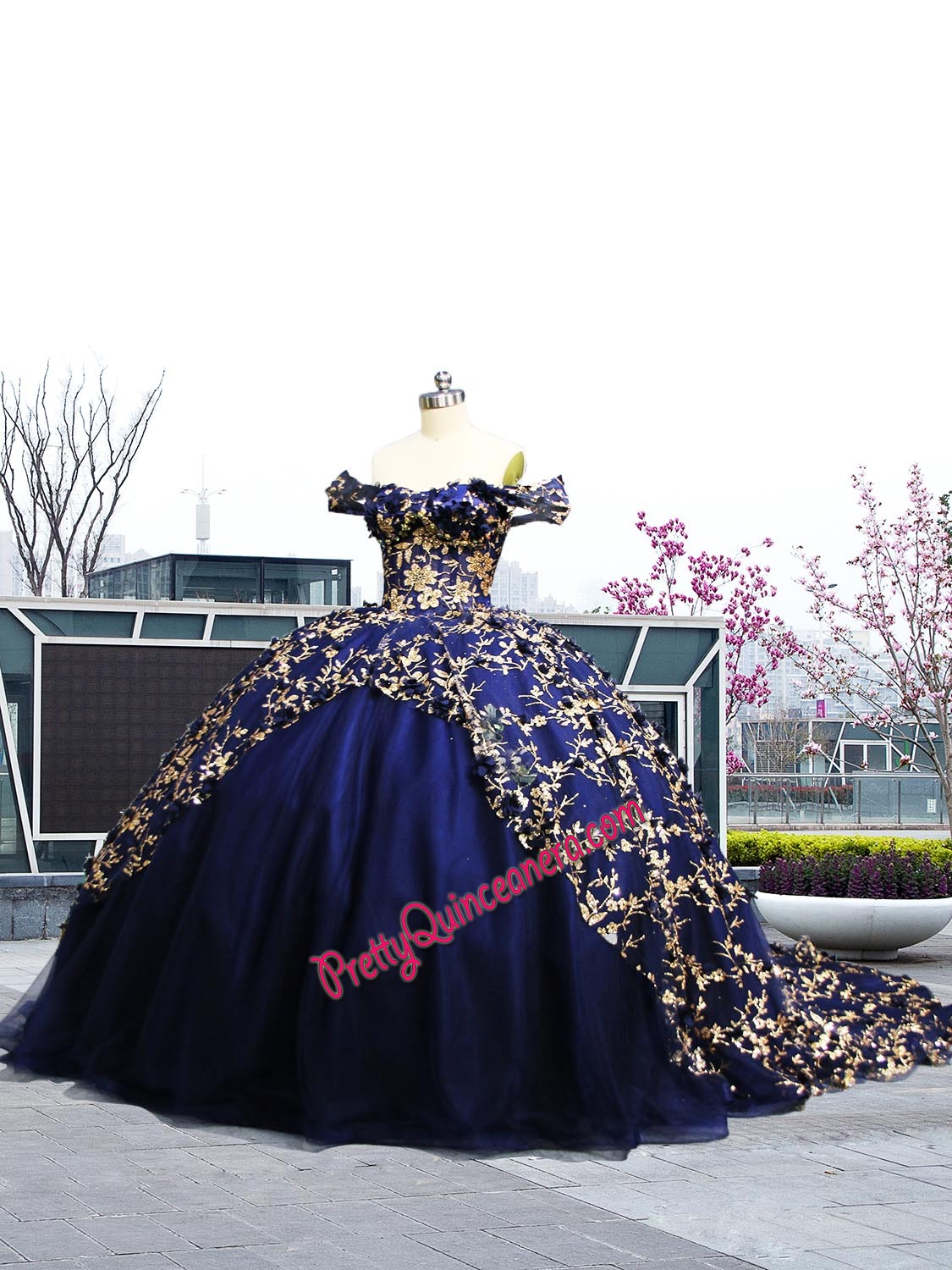 Navy Blue Glitter Tulle 3D Flowers Illusion Off Shoulder Quinceanera Dress with Train