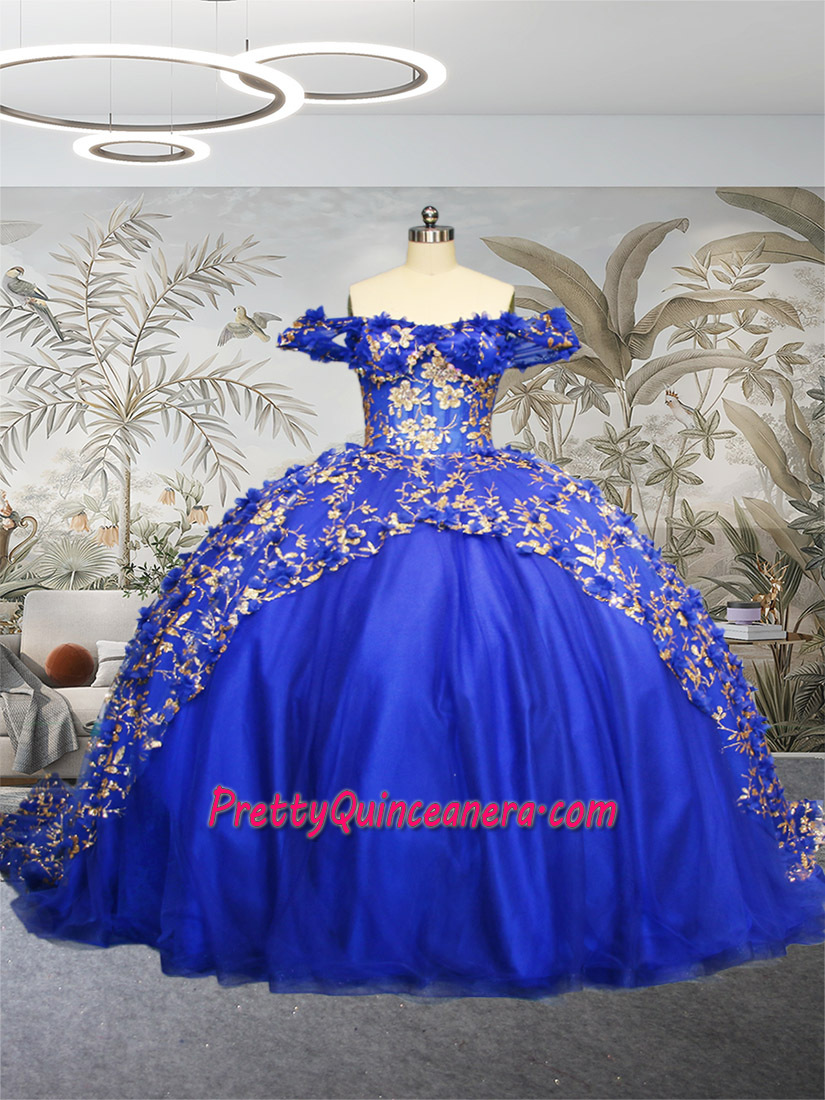 Sparkling Royal Blue and Gold Glitter Tulle 3D Flowers Quinceanera Dress with Train