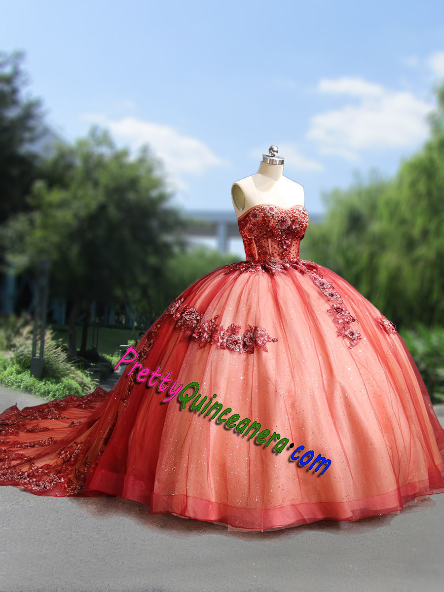 Two Tone Wine Red and Champagne 3D Flowers Big Train Detachable Sleeves Quinceanera Gown