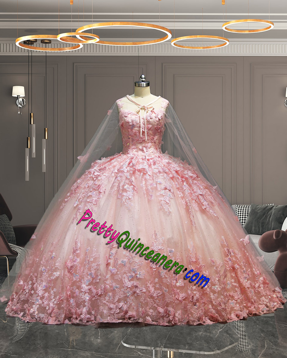 Wholesale Cheap 3D Butterfly Straps Blush Pink Simple Quinceanera Dress with Cape