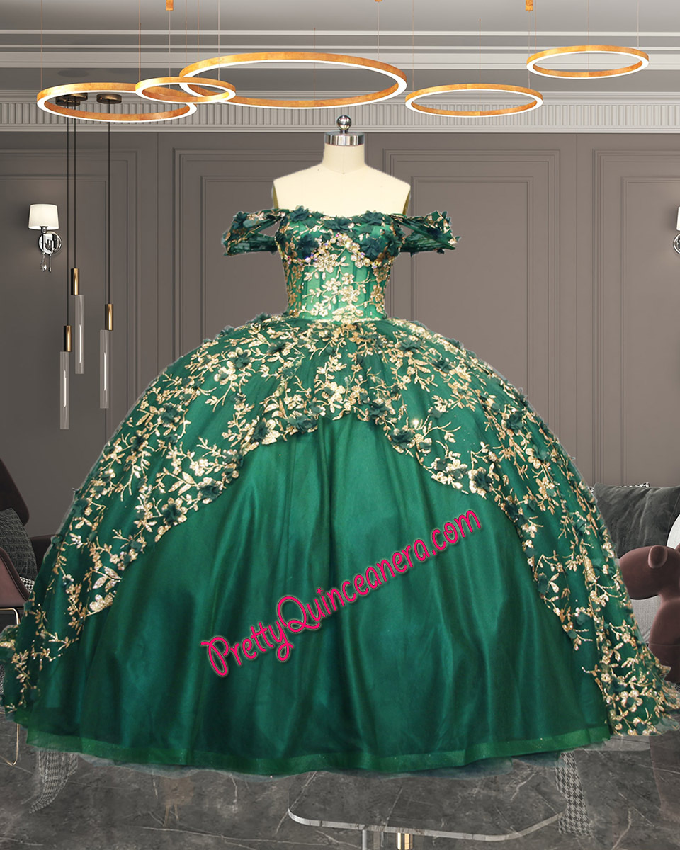 Emerald Green and Gold 3D Floral Glitter Horsehair Style Quinceanera Dress Wholesale
