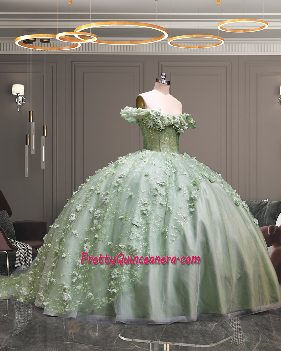 New Classic Sage 3D Flower Quinceanera Dress with Glitter Gold Tulle Spring Diamonds