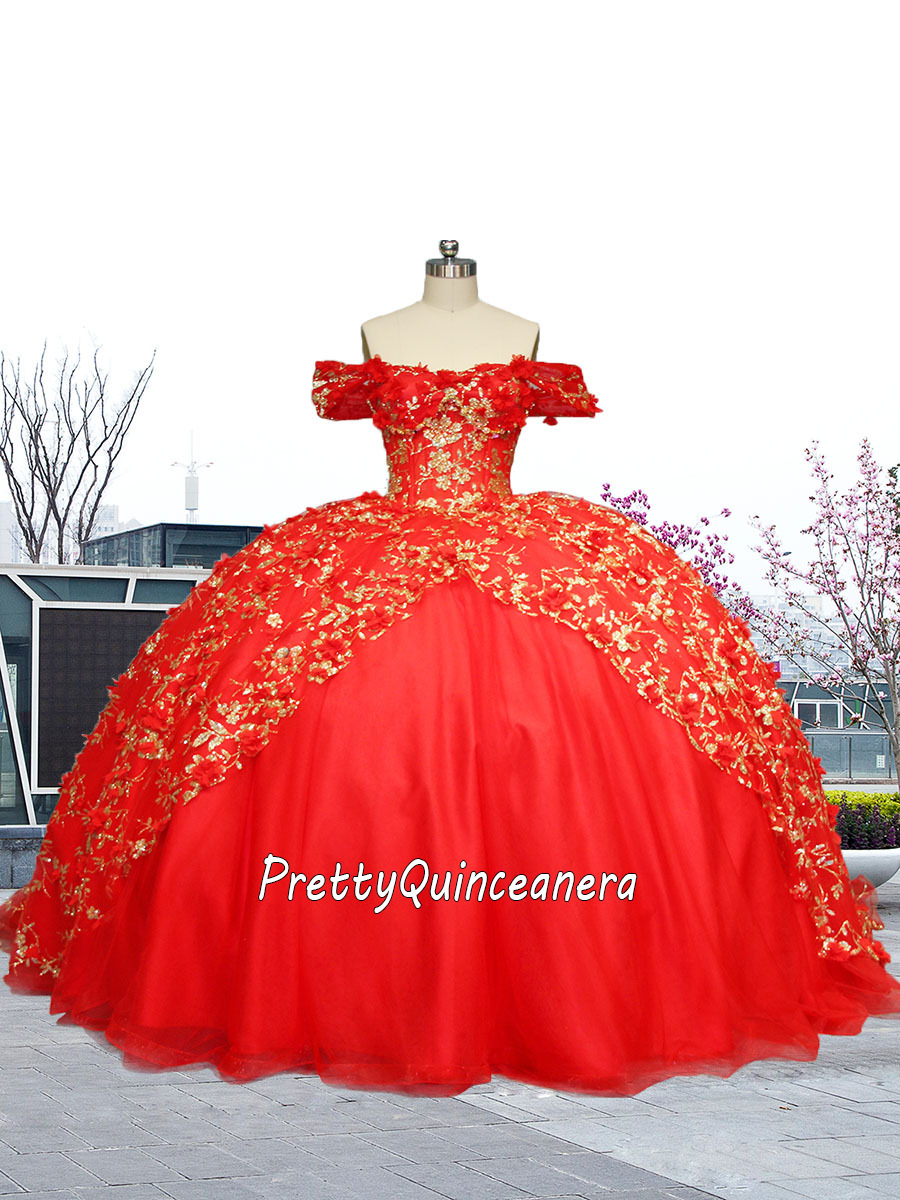Perfect Red and Gold Glitter Sequin 3D Floral Quinceanera Ball Gown Off Shoulder