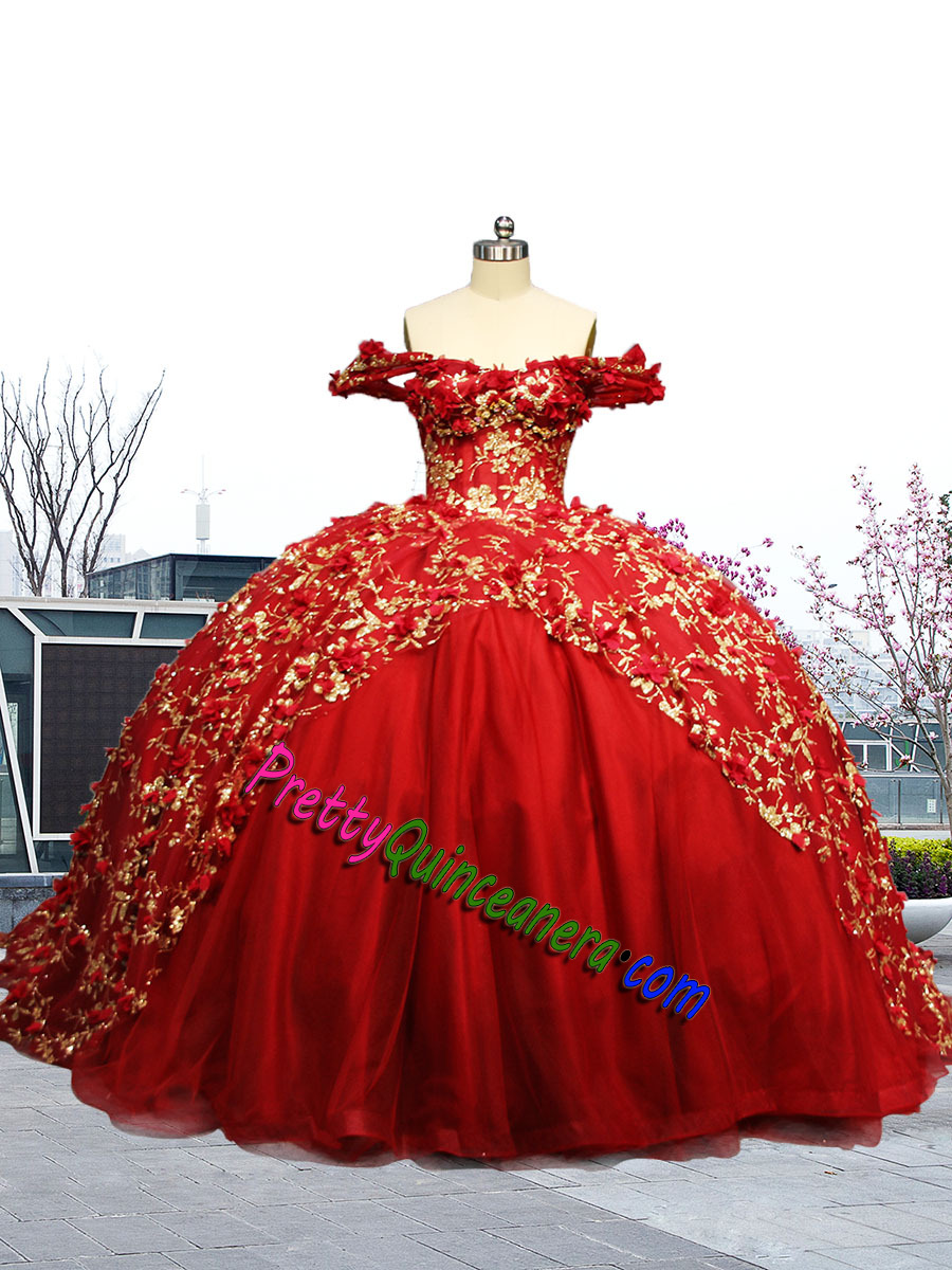 Popular Wine Red Off Shoulder 3D Glitter Tulle Floral Quinceanera Gown Bush Train Wholesale Price