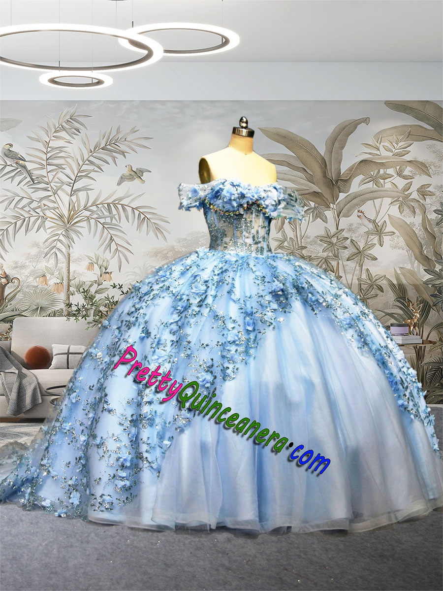 Princess Light Blue Floral Horsehair Skirt Quinceanera Dress with Train Custom Made Vestidos de Festa
