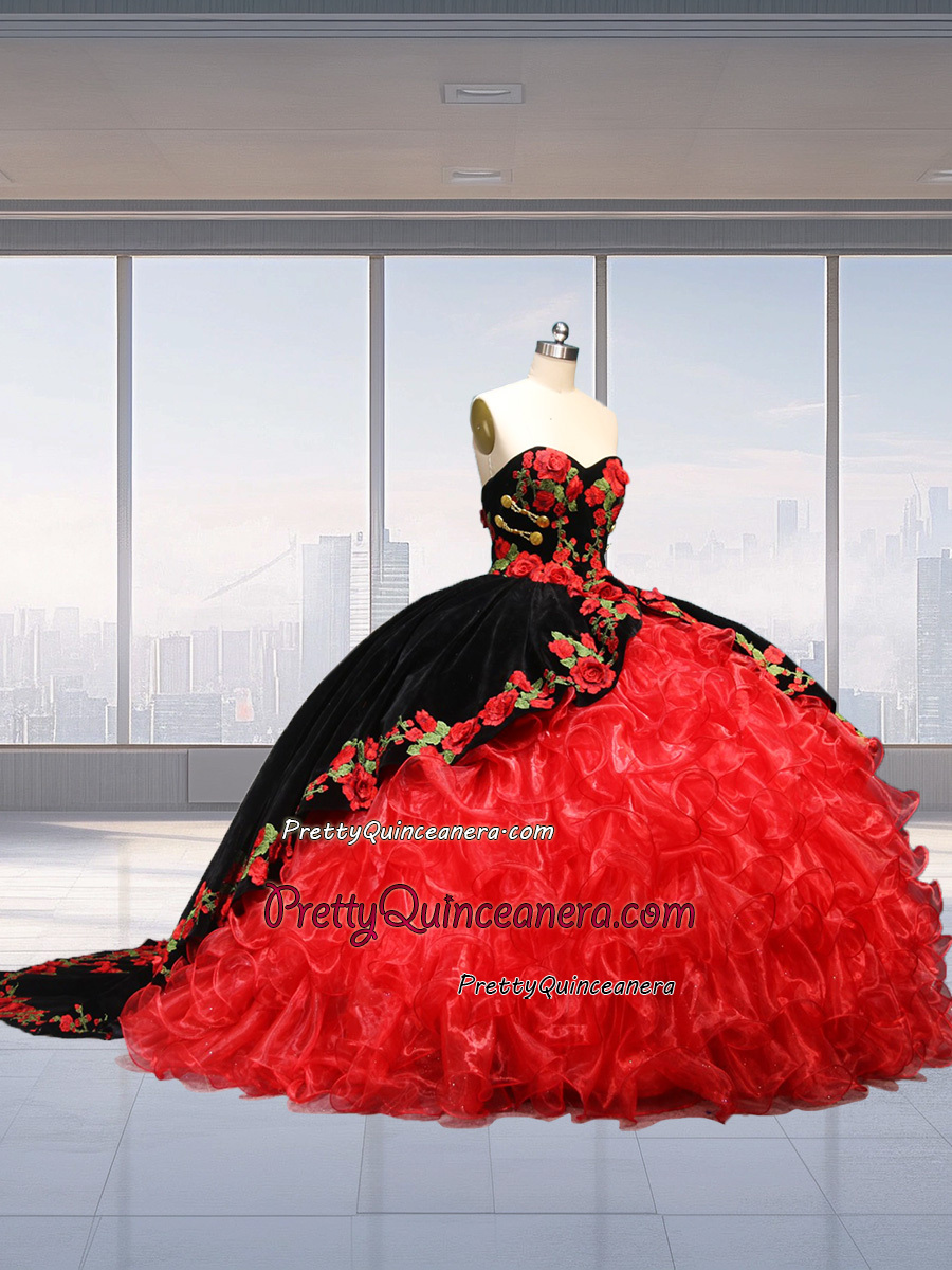 Black Velvet Red Organza Ruffles 3D Rose Flowers Metal Buttons Charro Quinceanera Dress