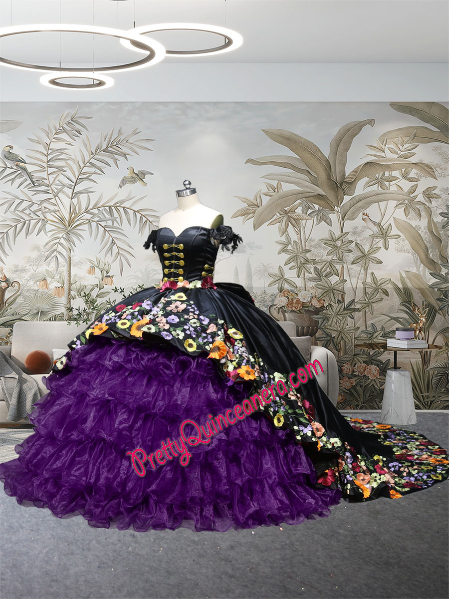 Purple and Black Organza Ruffled Multi Color Embroidery 2 Pieces Charro Quinceanera Dress with Train