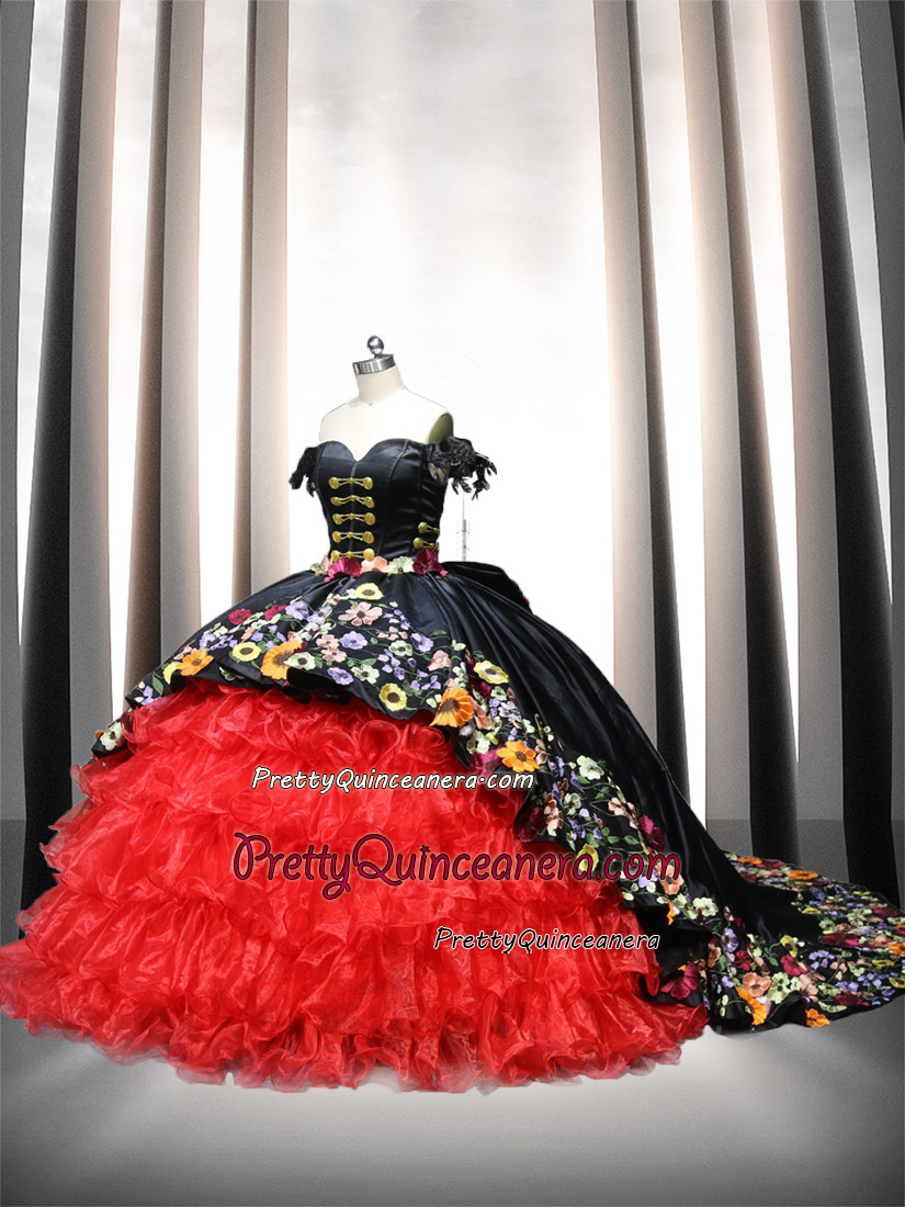 Red and Black Detachable Skirt Coloful Embroidery Mexican Quinceanera Dress Charro Ball Gown