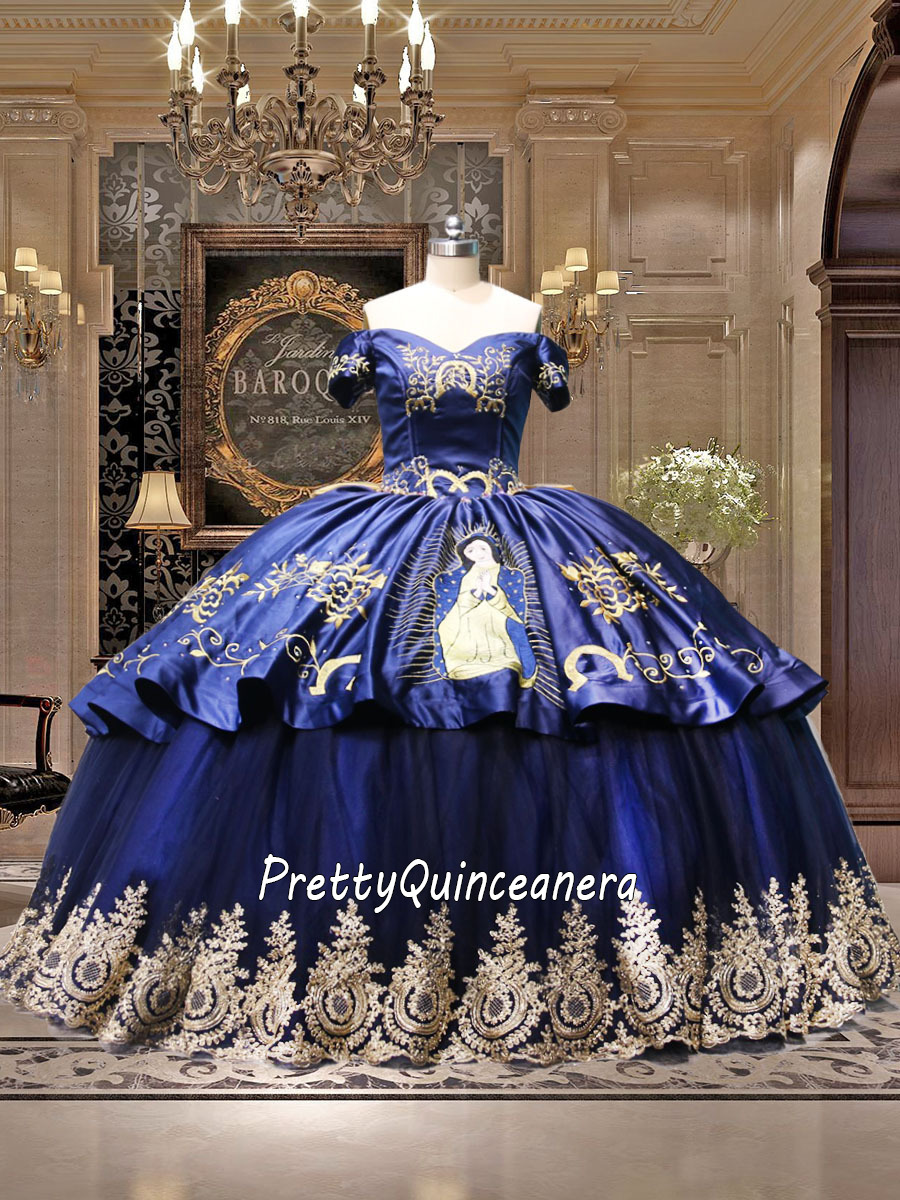 Virgen De Guadalupe Gold Embroidery Short Sleeve Quinceanera Dress Bow Navy Two Layers Without Train