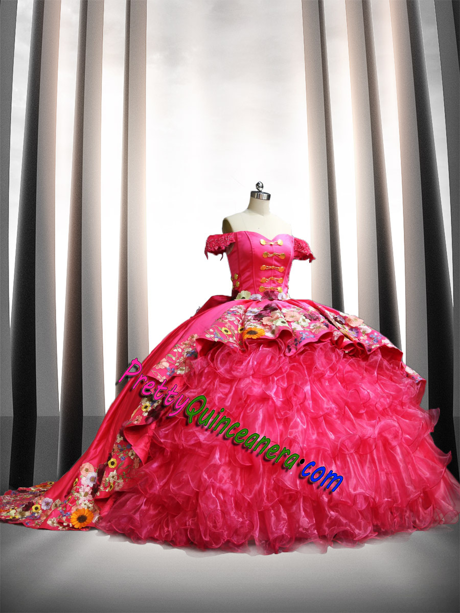 Wholesale Fuchsia Floral Embroidery Ruffled Charro Quinceanera Dress Mexican Style