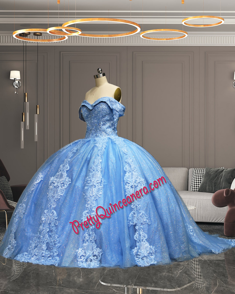 Sparkly Light Blue Off Shoulder Lapel Collar Sweep Train Quinceanera Gown Glitter Tulle Customize