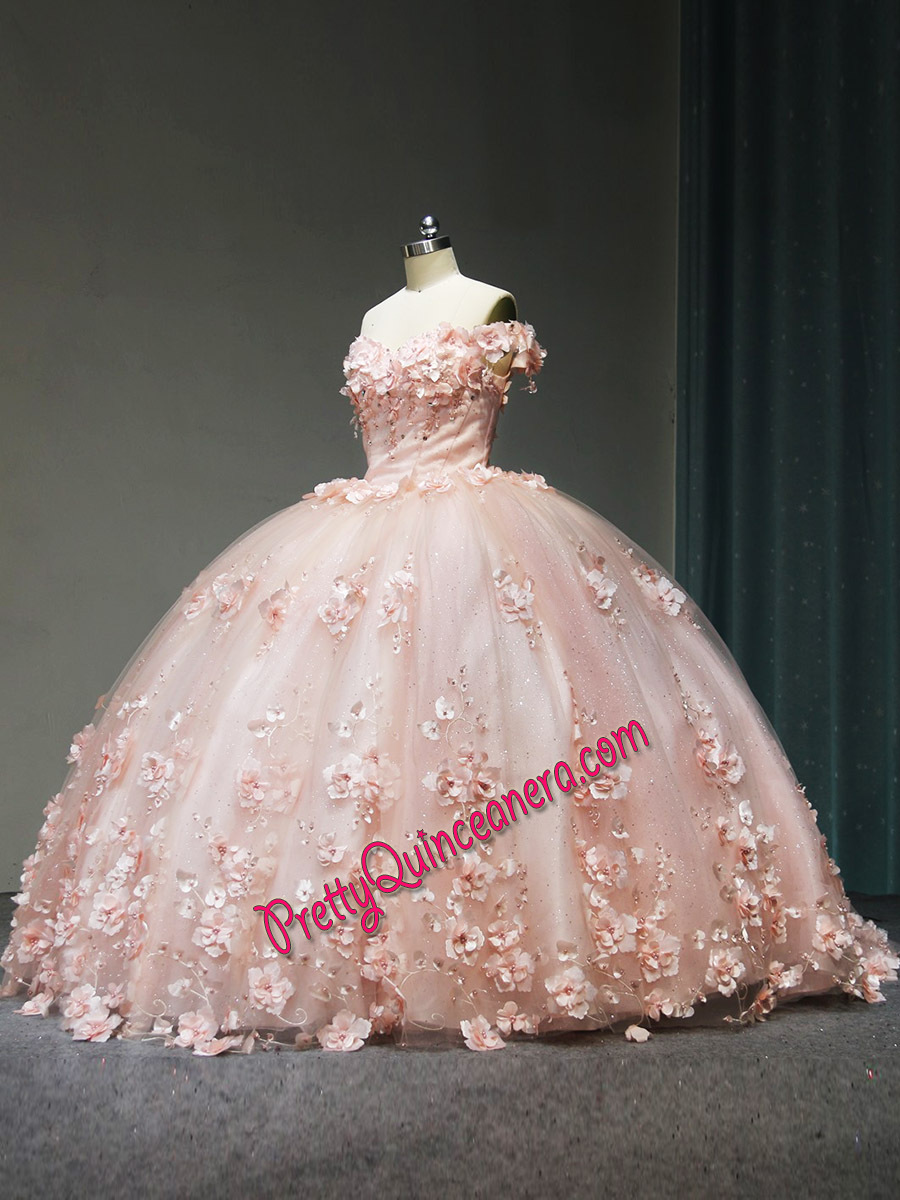 Blush Pink Sweep Train Off Shoulder 3D Floral Quinceanera Dress Low Price