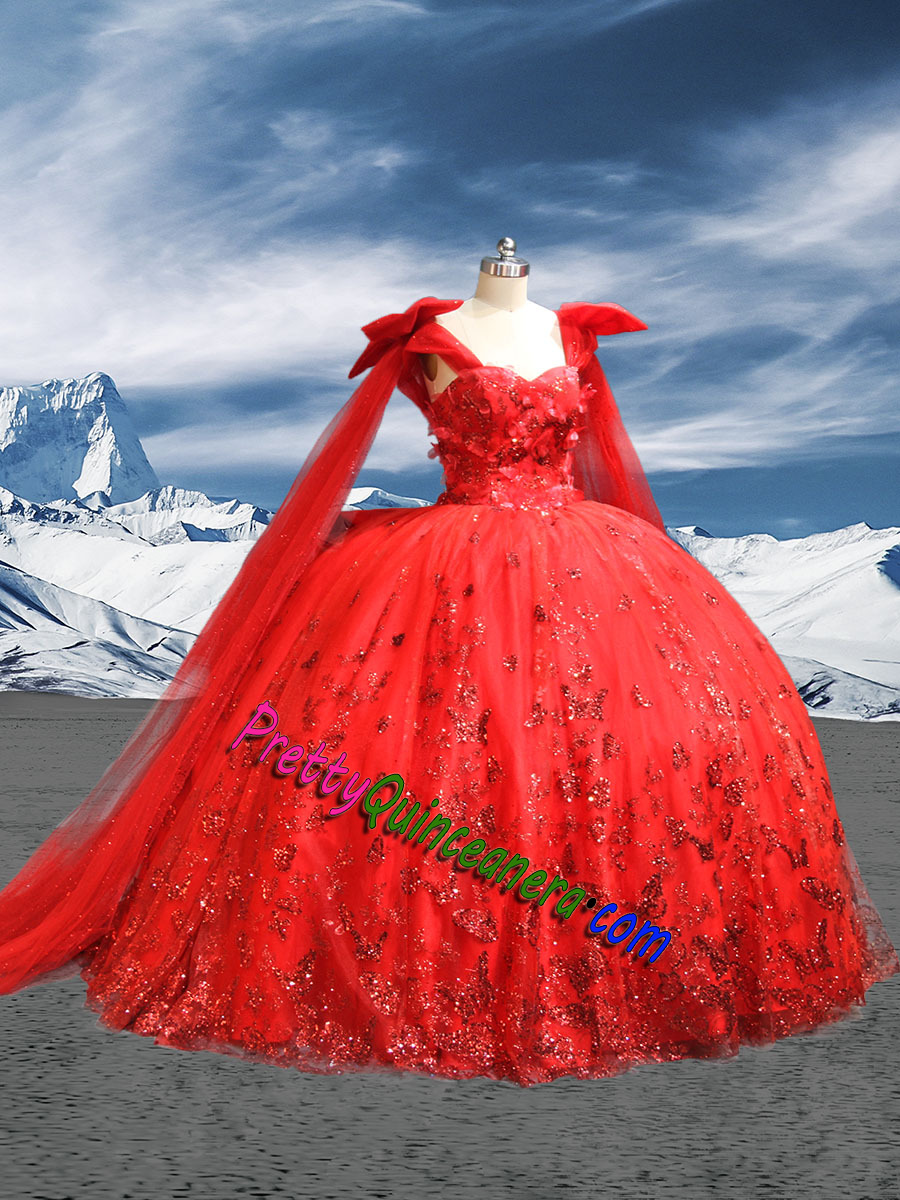 Cheap Butterfly Ribbon Sleeve Ball Gown BOW-DETAILED Quinceanera Dress Extravagant Shoulder