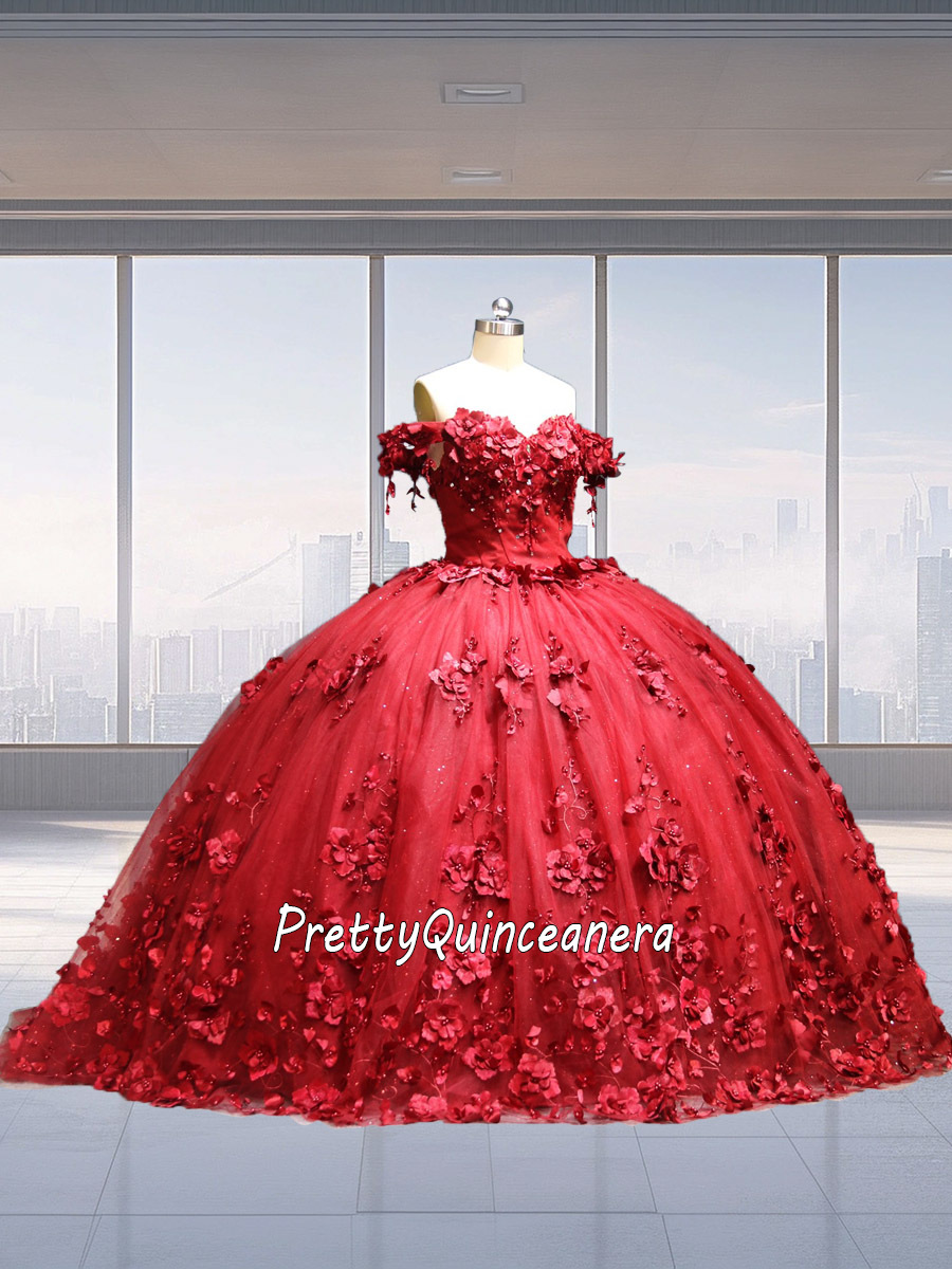 Deep Red 3D Flowers Simple Off Shoulder Short Train Quinceanera Gown Wholesale Price