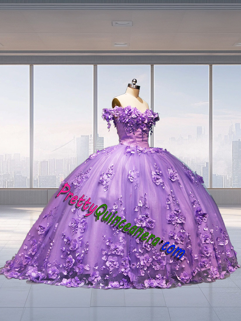 Discount Light Purple Sweep Train 3D Flowers Glitter Tulle Quinceanera Gown Wholesale