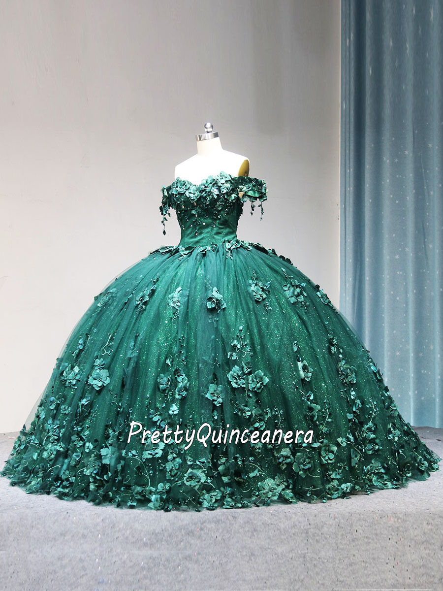 Emerald Green Small Train 3D Floral Glitter Tulle Quinceanera Ball Gown Affordable Price