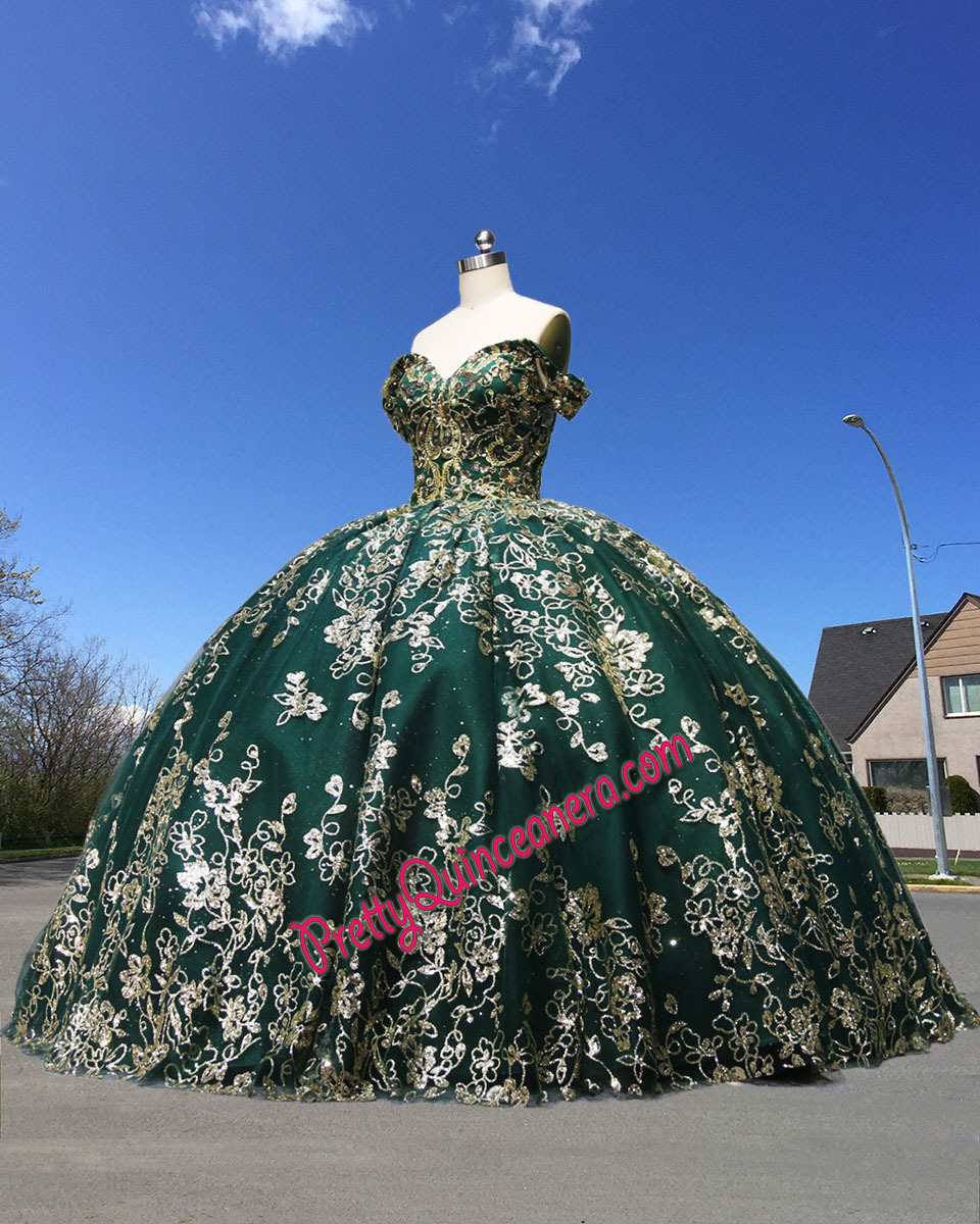 Factory Custom Made Emerald and Gold Glitter Print Quinceanera Dress without Train Low Cost