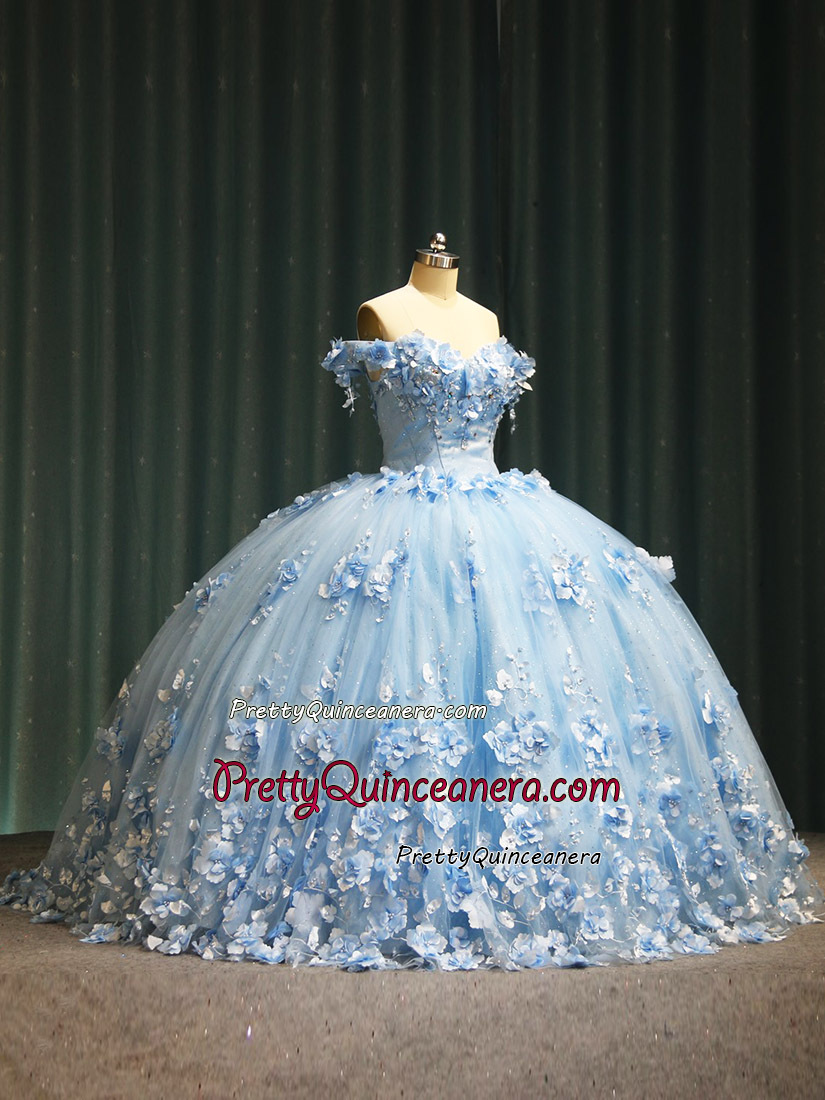 Light Pale Blue Off Shoulder Cap Sleeve 3D Flowers Glitter Party Sweet 15 16 Dresses On Sale