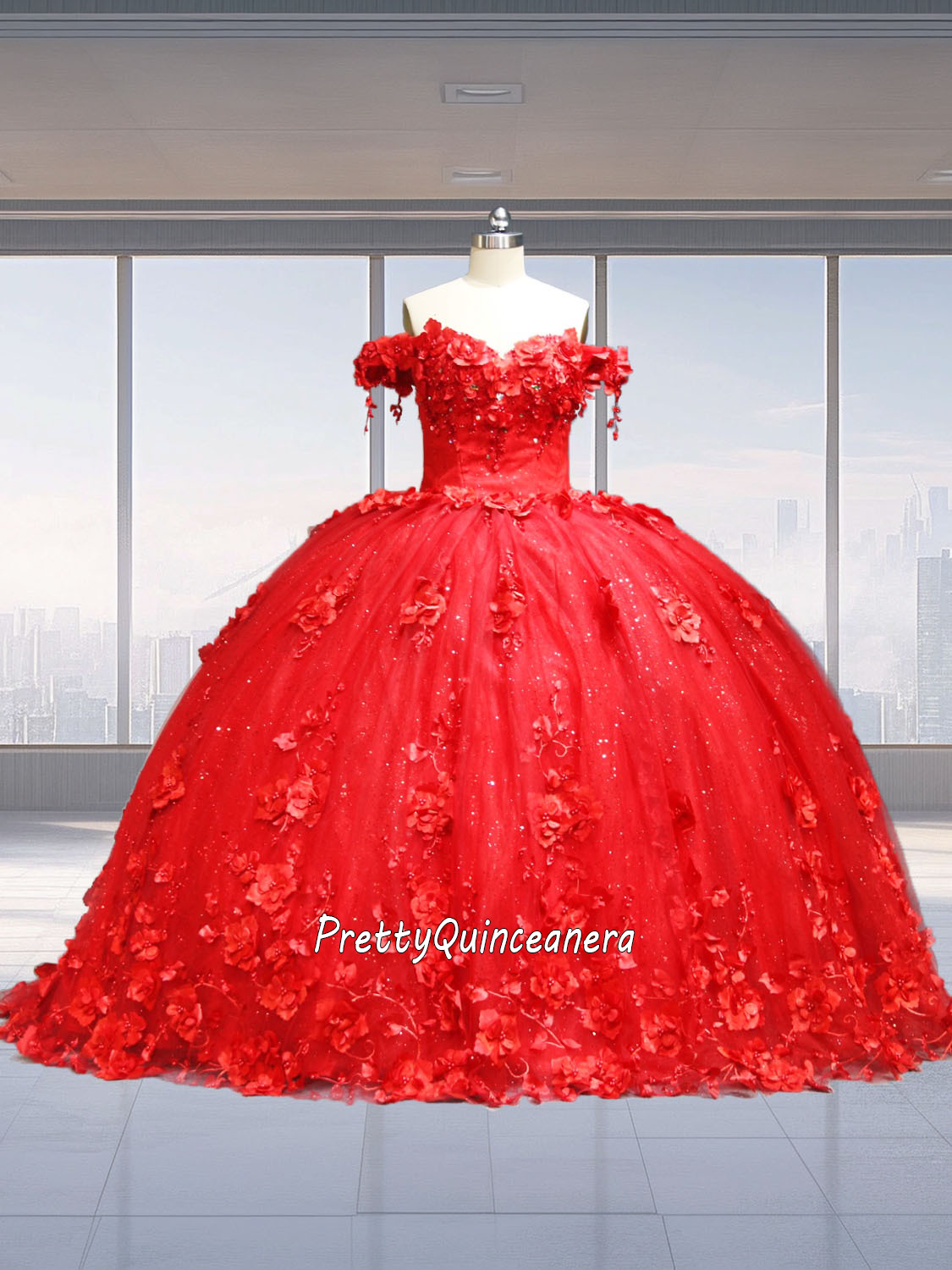 Low Price Red Off Shoulder Short Train 3D Floral Quinceanera Dress