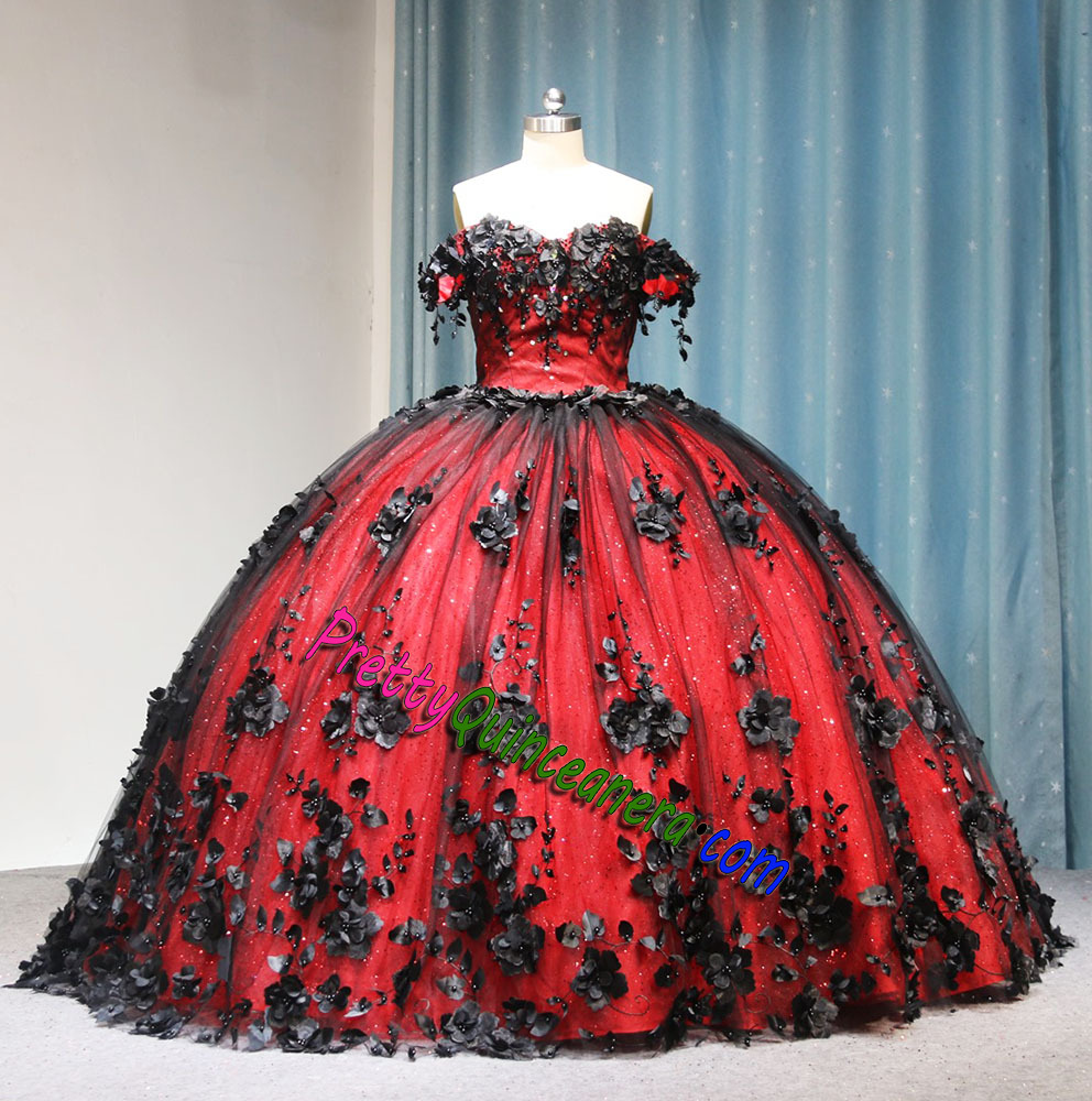 Two Tone Red inside Black Outside 3D Floral Quinceanera Dress with Little Train