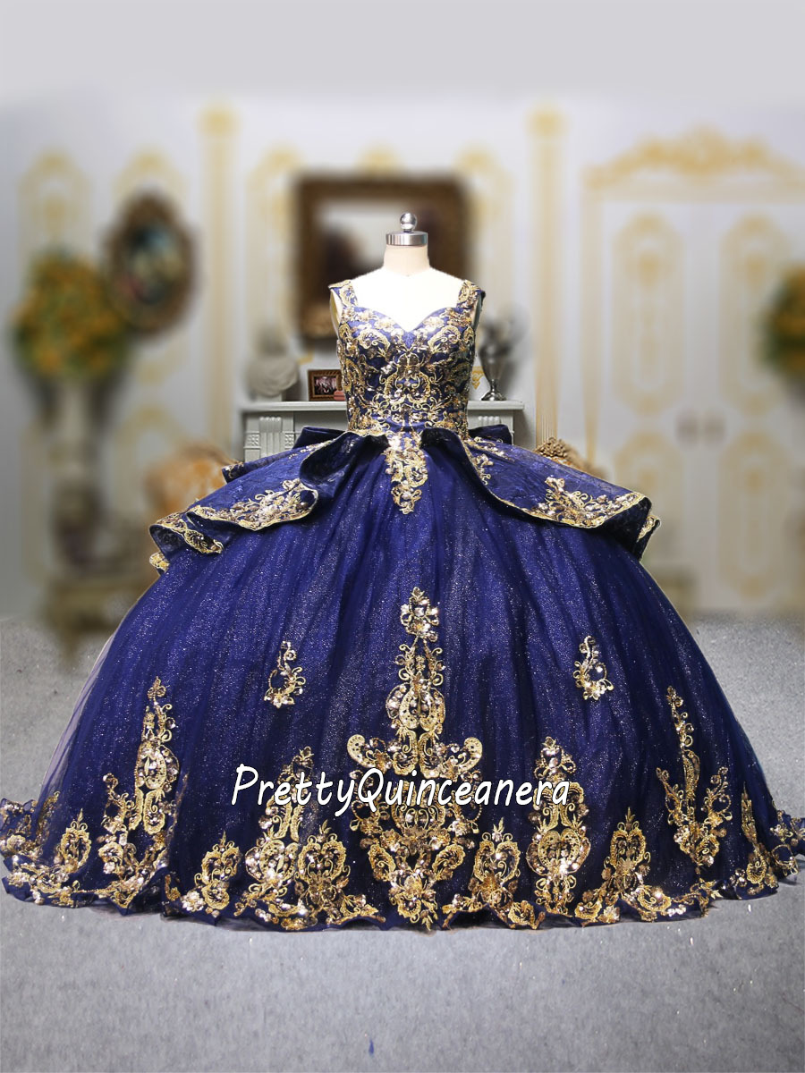 Navy Blue Lace Overlay Bow Back Quinceanera Dress Lace Up Closure Sweetheart Neckline