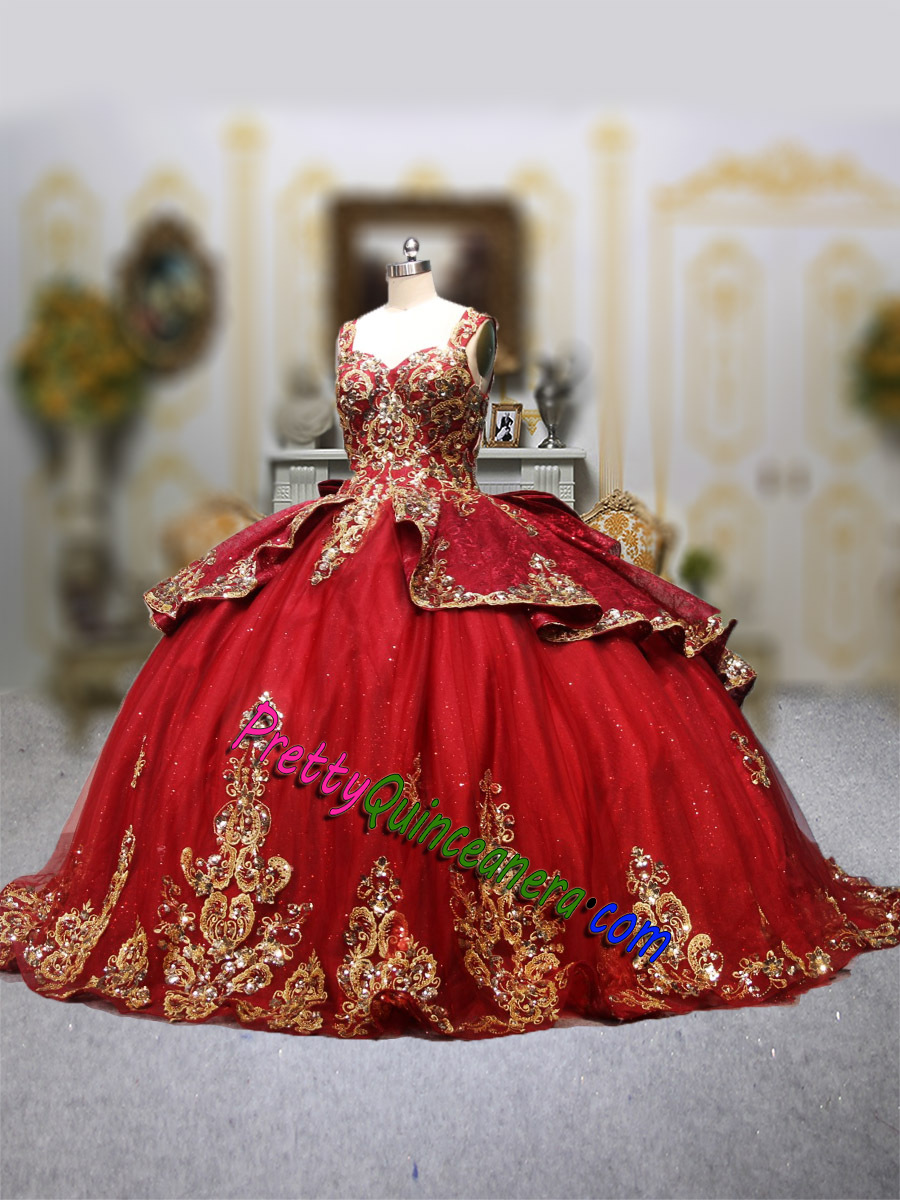 Wine Red Lace Rosegold Appliques Quinceanera Gown with Tapered Straps and Short-sleeved Bolero
