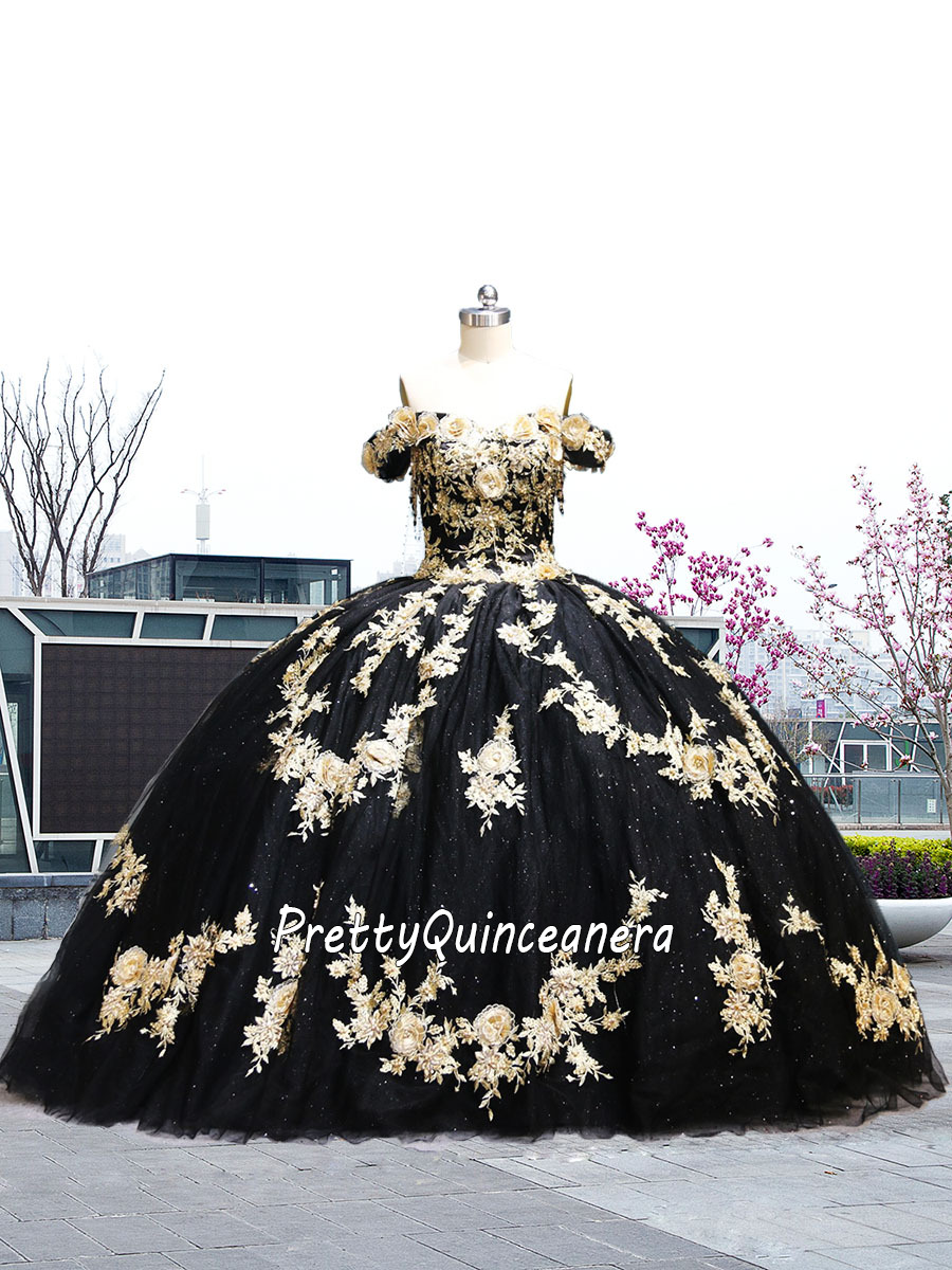 Black and Gold 3D Floral Embroidery Lace-up Back Sweep Train Quinceanera Dress