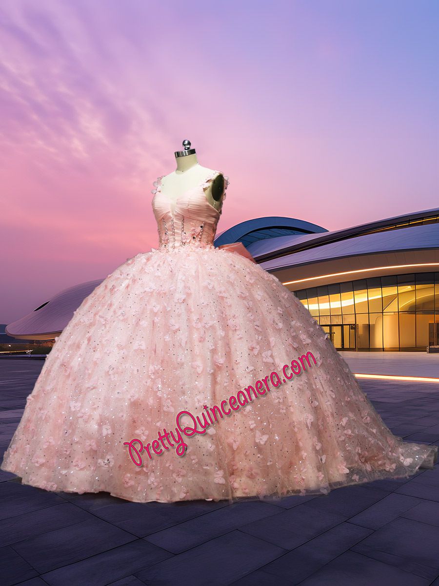 Blush Pink Beaded 3D Butterfly Corset Long Sleeveless Quinceanera Dress