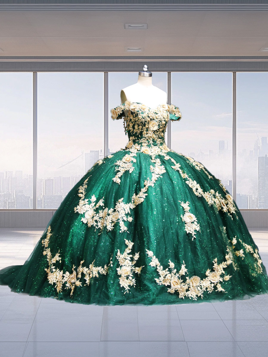 Emerald Gold Rhinestone Beadwork 3D Floral Appliques Quinceanera Dress Sweep Train