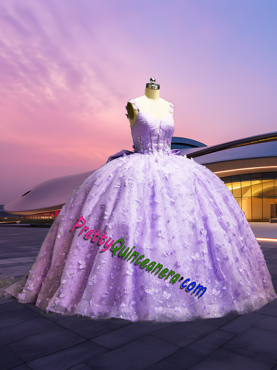 Lilac Sweep Train Detachable Long Sleeves Butterfly Quinceanera Dress with Bow and Illusion Sleeves