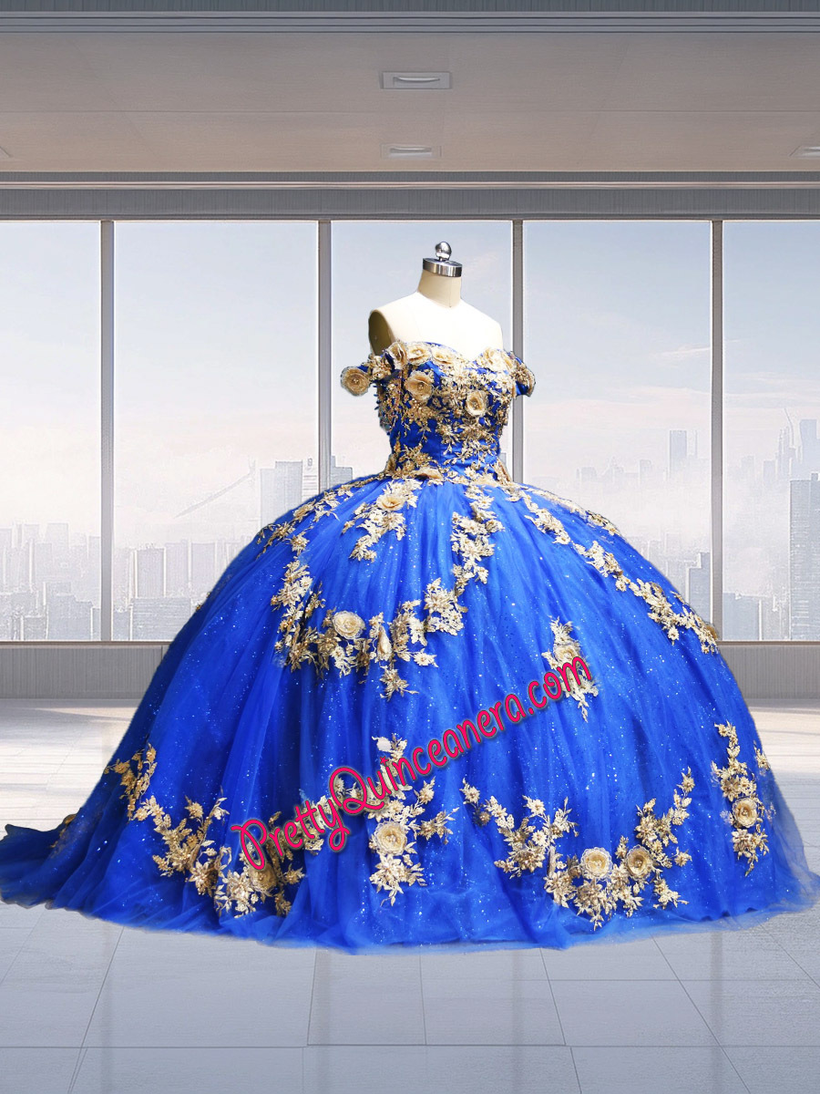 Royal Glitter Tulle Gold 3D Flowers Appliques Off Shoulder Embroidery Quinceanera Dress