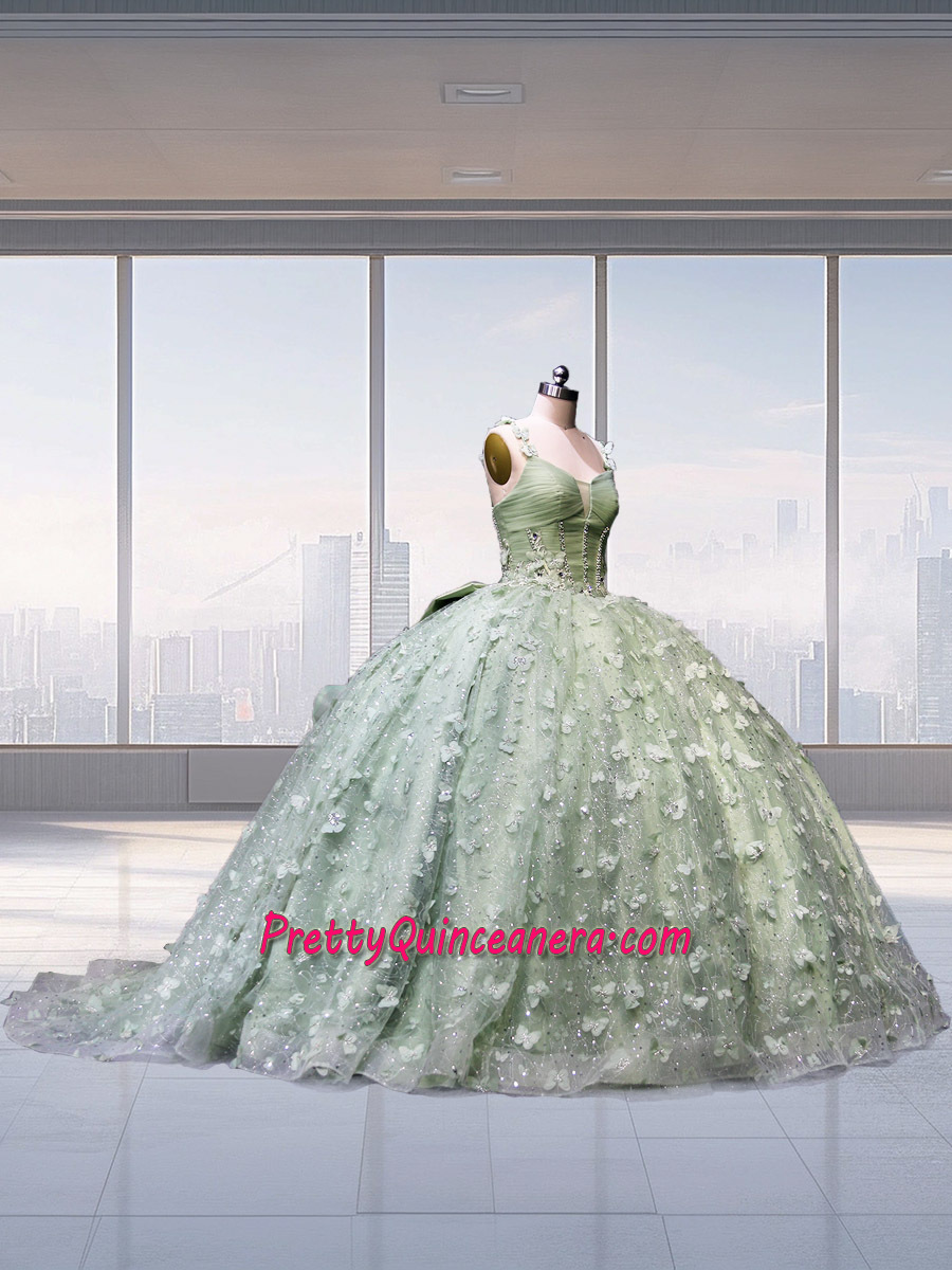 Sage Rhinestones 3D Butterflies Removable Long Sleeves and Bow Quinceanera Dress with Short Train