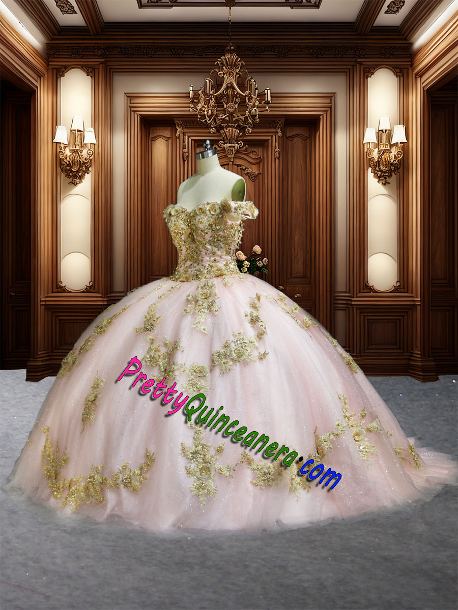 Sweep Train Blush Pink Glitter Tulle Gold 3D Flowers Quinceanera Dress Off Shoulder