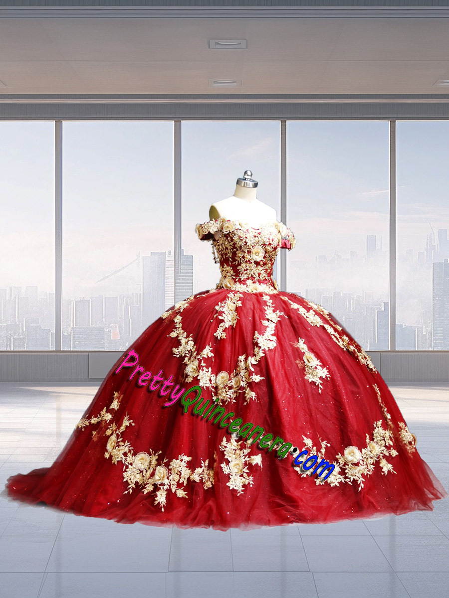 Wine Red Sweep Train Gold 3D Floral Off Shoulder Quinceanera Dress Glitter Tulle