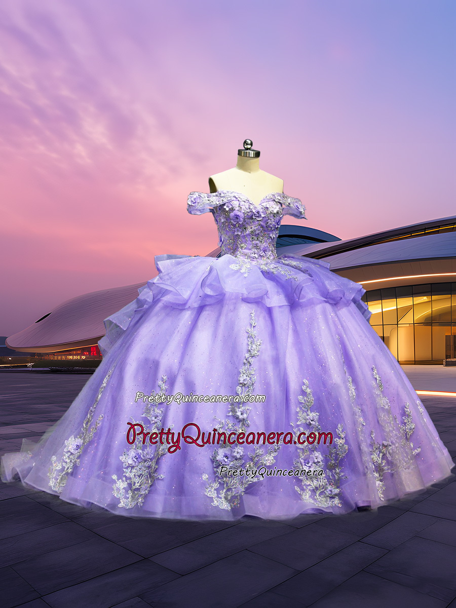 Crystal beaded Three-Dimensional Floral Quinceañera Dress with Flounced Overskirt