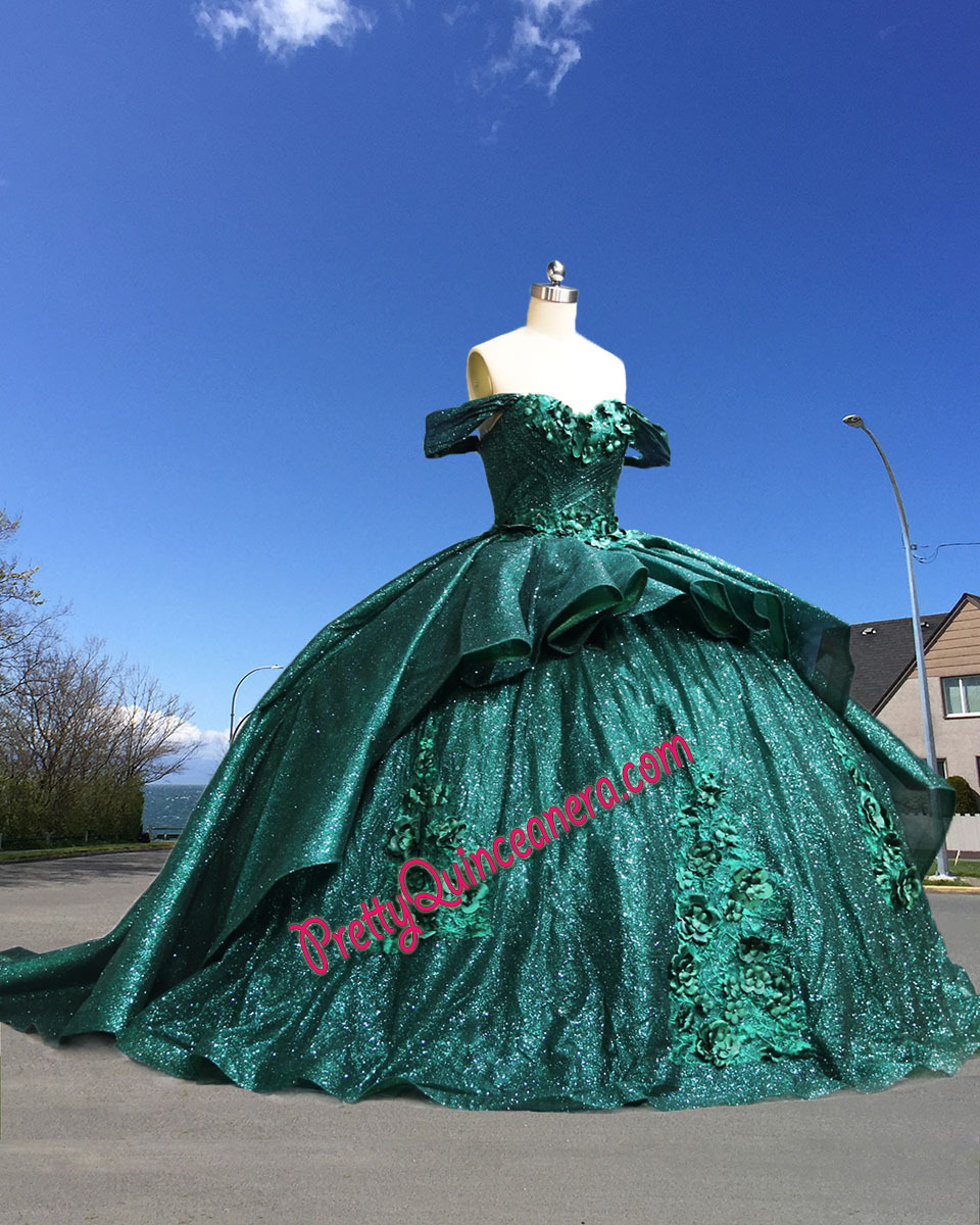 Customiz Emerald 3D Floral Glitter 3D Floral Quinceanera Dress Lace-up Corset Back