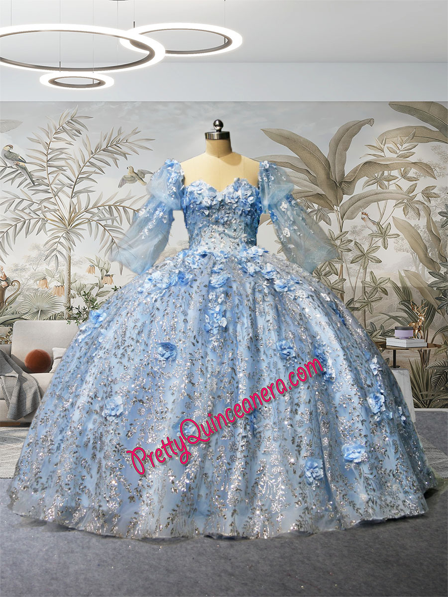 French Blue Removable Sleeves Sweetheart Neck 3D Floral Glitter Tulle Quinceanera Dress