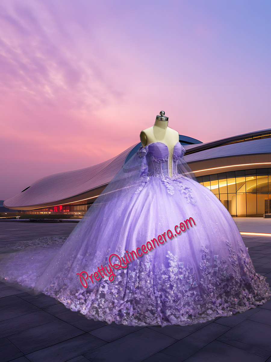 Long Train Lilac Deep V-neck 3D Butterflies Lace Quinceanera Dress with Giltter Tulle Cape