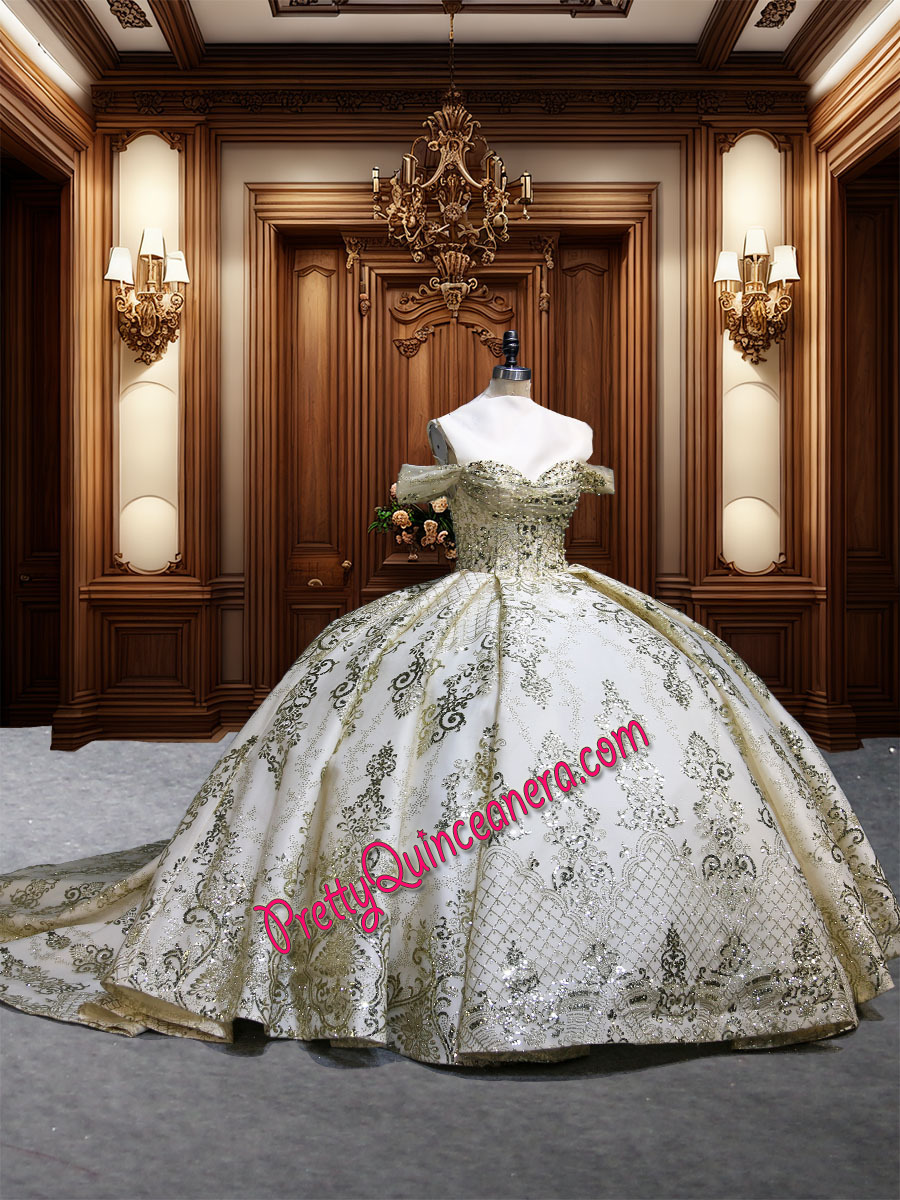 Pearls Beaded Champagne Glitter Print Off Shoulder Quinceanera Dress Lace-up Back