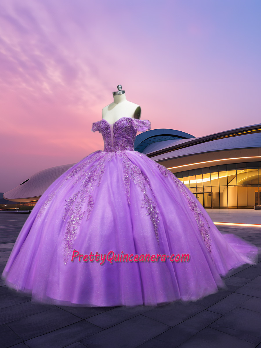 Princess Puff Sleeve Deep Illusion Sweetheart Bodice Lavender Quinceanera Dress Sequin Appliques