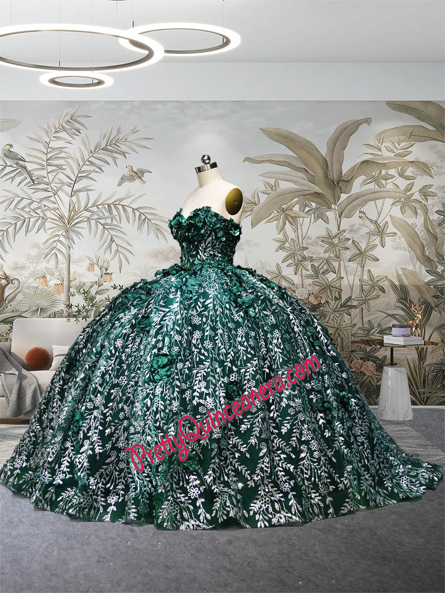 Stunning 3D Floral Appliques Glitter Tulle Detachable Long Pouf Sleeves Quinceanera Gown