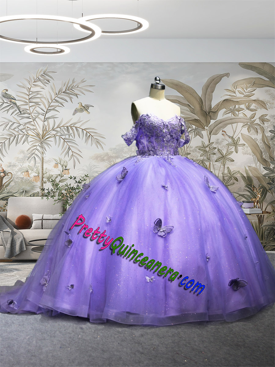Wholesale Cheap Simple 3D Butterfly Lilac Off Shoulder Quinceanera Dress Sweep Train