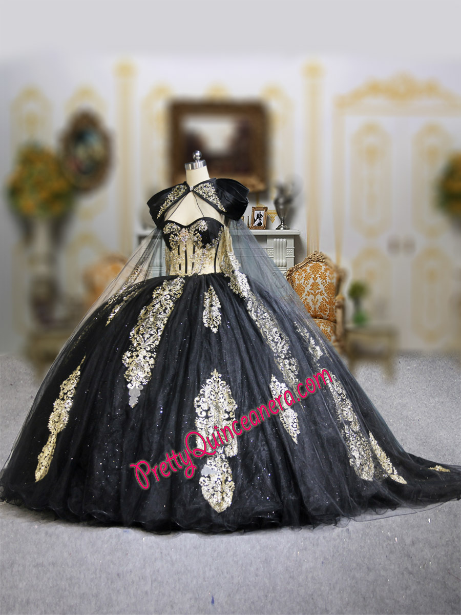 Black Gold Glitter Fabric Illusion Bodice Quinceanera Dress with Train and Cape