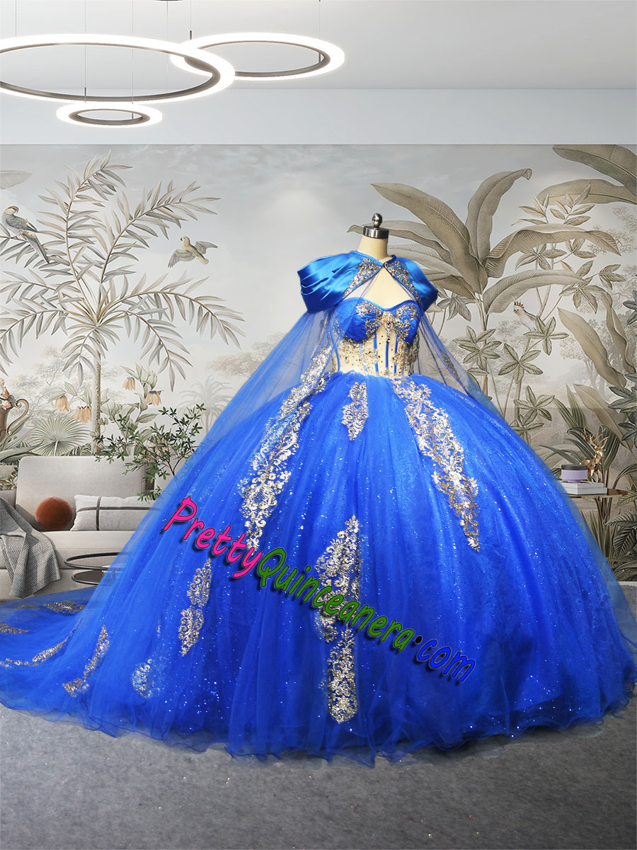 Popular Royal Blue Gold Long Cape Sheer Corset Quinceanera Dress with Train